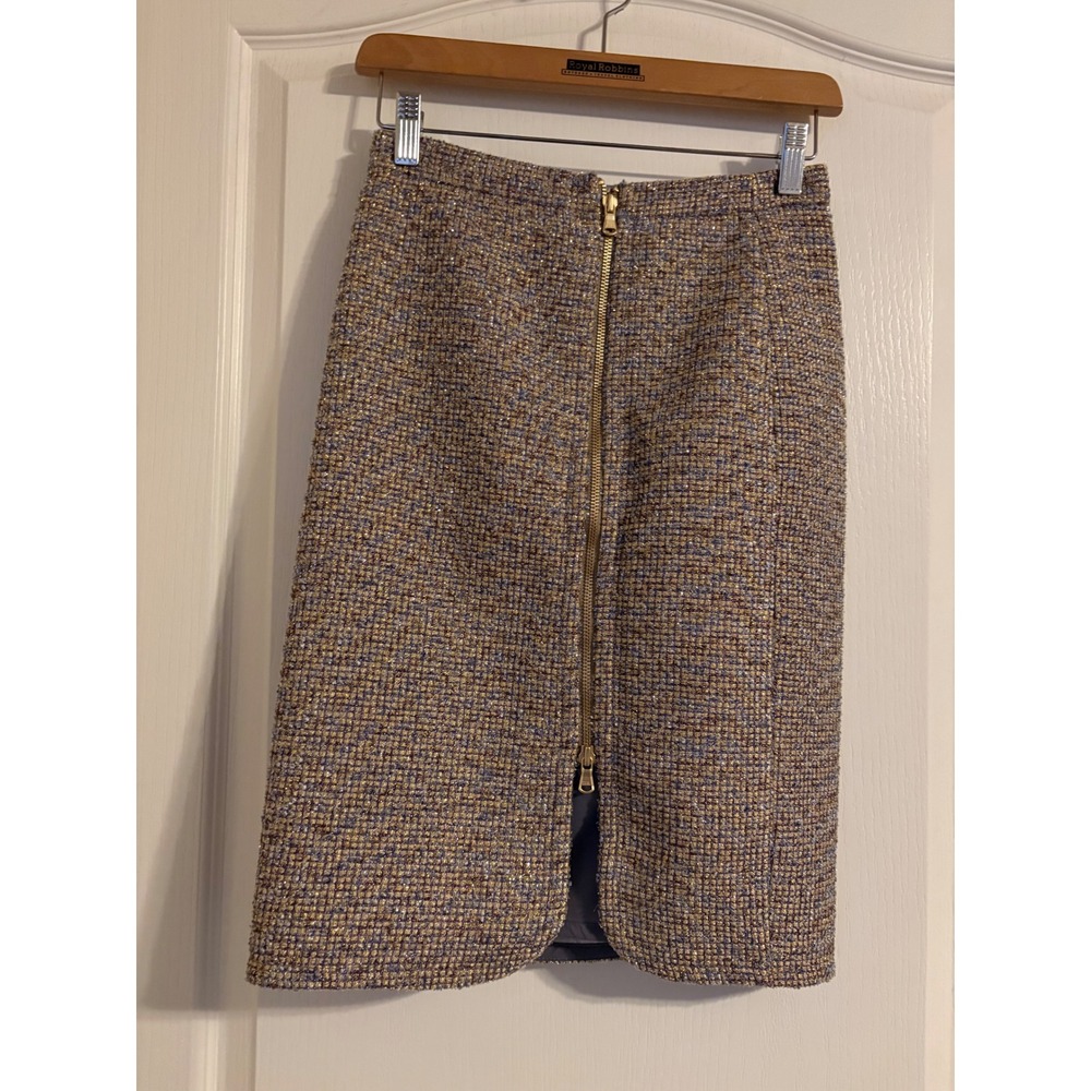 J.Crew Pencil Skirt Womens 0P Purple Gold New Metallic Tweed Front Zip E1247